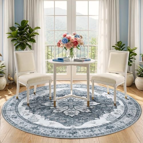 RELEANY Washable Area Rug, Round 5ft, Grey/White/Beige