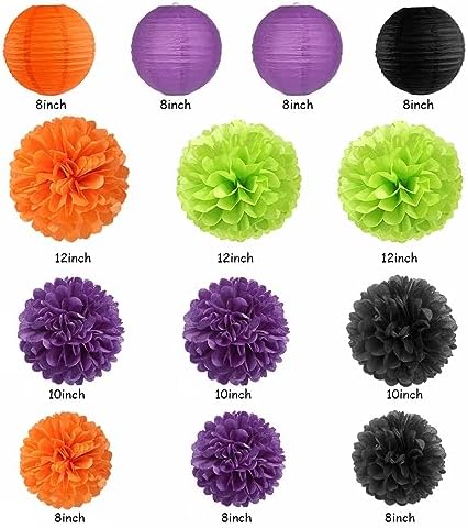 Black Purple Orange-Green Halloween Party-Decorations - 20pcs Paper Lanterns Fans,Tissue Pom Poms,Honeycomb Balls,Hotel Transylvania Hocus Pocus Birthday Baby Bridal Shower Wedding Decor Burgleda