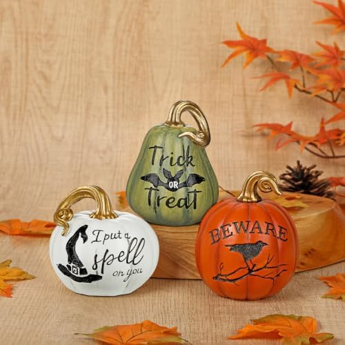 DILATATA Fall Pumpkins Decoration 3Pcs Resin Pumpkins Thanksgiving Fake Pumpkin Figurines Small Carved Pumpkin for Home Harvest Halloween Thanksgiving Rustic Farmhouse Table Centerpiece Shelf Mantel