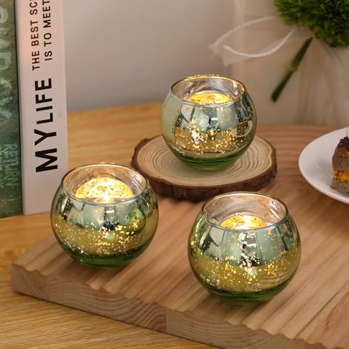 Volens 24PCS Green Votive Candle Holder Bulk, Round Mercury Glass Votives