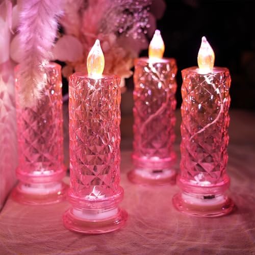 SupBri 4PCS Rose Halo LED Flameless Candles, Pink Crystal-Like Shell