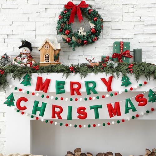 Mindsoft 4 Pcs Felt Merry Christmas Banner Pom Pom Garland for Mantel