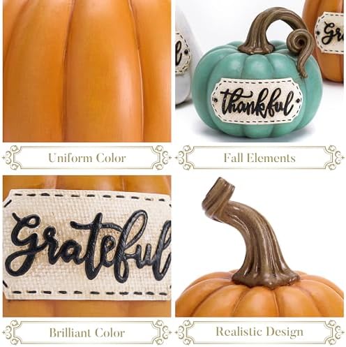 Valery Madelyn Pumpkins Fall Table Decor for Home, Set of 3 Resin Decorative Pumpkins Figurines Decor Indoor Tabletop Centerpieces Harvest Autumn Thanksgiving Dining Room Shelf Decoration, 6.3 inch