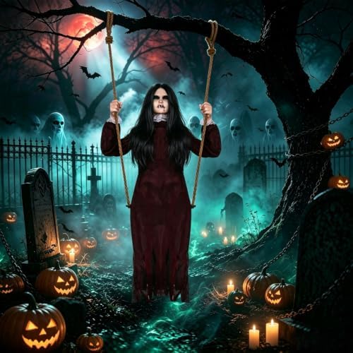 PARTYGEARS Halloween Decorations Props Hanging Swinging Girl with Creepy Expressions, Hanging Ghosts The Best Indoor and Outdoor Scary Decorations for Halloween (Red)