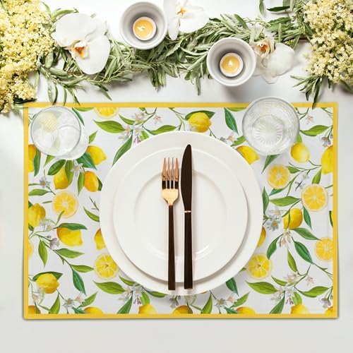 Lemon Placemats Set of 4 18x12 Inch Summer Fruit Yellow Linen Place Mats Heat-Resistant Washable Wipeable Flowers Table Mat for Party Kitchen Dining Room Dinner Table Decor