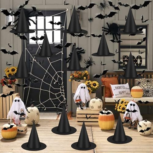 Famoby 12pcs Halloween Black Witch Hat with 157 FT Nylon Cord &120pcs Bat Sticker for Indoor Outdoor Home Yard Porch Ceiling Halloween Party Decorations