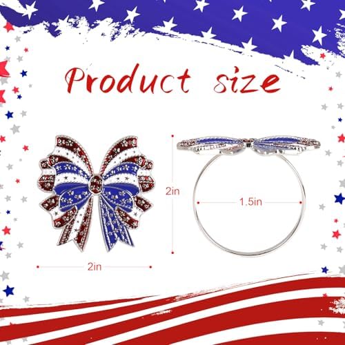 Patriotic Bow Napkin Rings Set of 8, 4th of July Red Blue White Metal Bow with Star Napkin Rings Holder for Independence Day, Presidential Election, Memorial, 250th Anniversary Table Decor