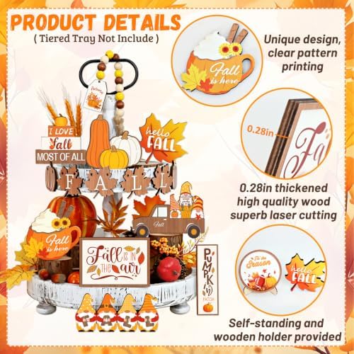 19pcs Fall Tiered Tray Decor- Fall Decorations Indoor Wooden Fall Decor Set with Wood Bead Pumpkin Gnome Truck Tabletop Centerpieces for Autumn Harvest Home Kitchen Table