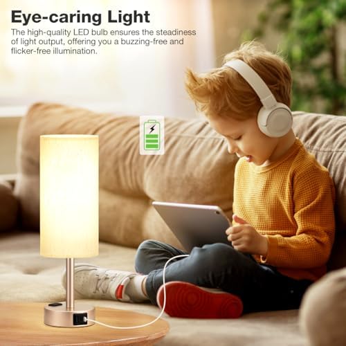 Antique White Bedside Table Lamp, Dimmable Touch Lamp, USB A+C, AC Outlet