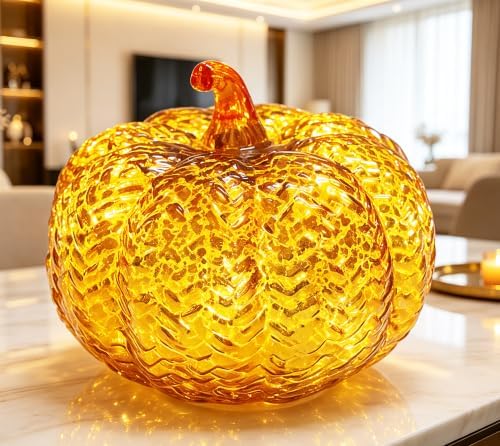Fall Decorations for Home,Mercury Glass Pumpkin Lights with Timer(Orange)