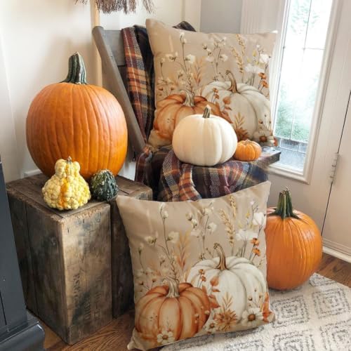 Fall Pumpkin Flower Brown Pillow Covers 18x18 Set of 2 Decor