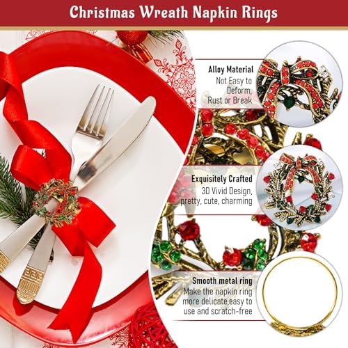 Legigo Set of 8 Christmas Wreath Napkin Rings Set- Diamond Wreath Xmas Napkin Ring Holders for Cloth Napkins, Christmas Holiday Party Dinner Table Decoration