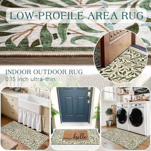 Front Door Mat Indoor Entrance - 2x4.3 Sage Green Leaf Runner Rug