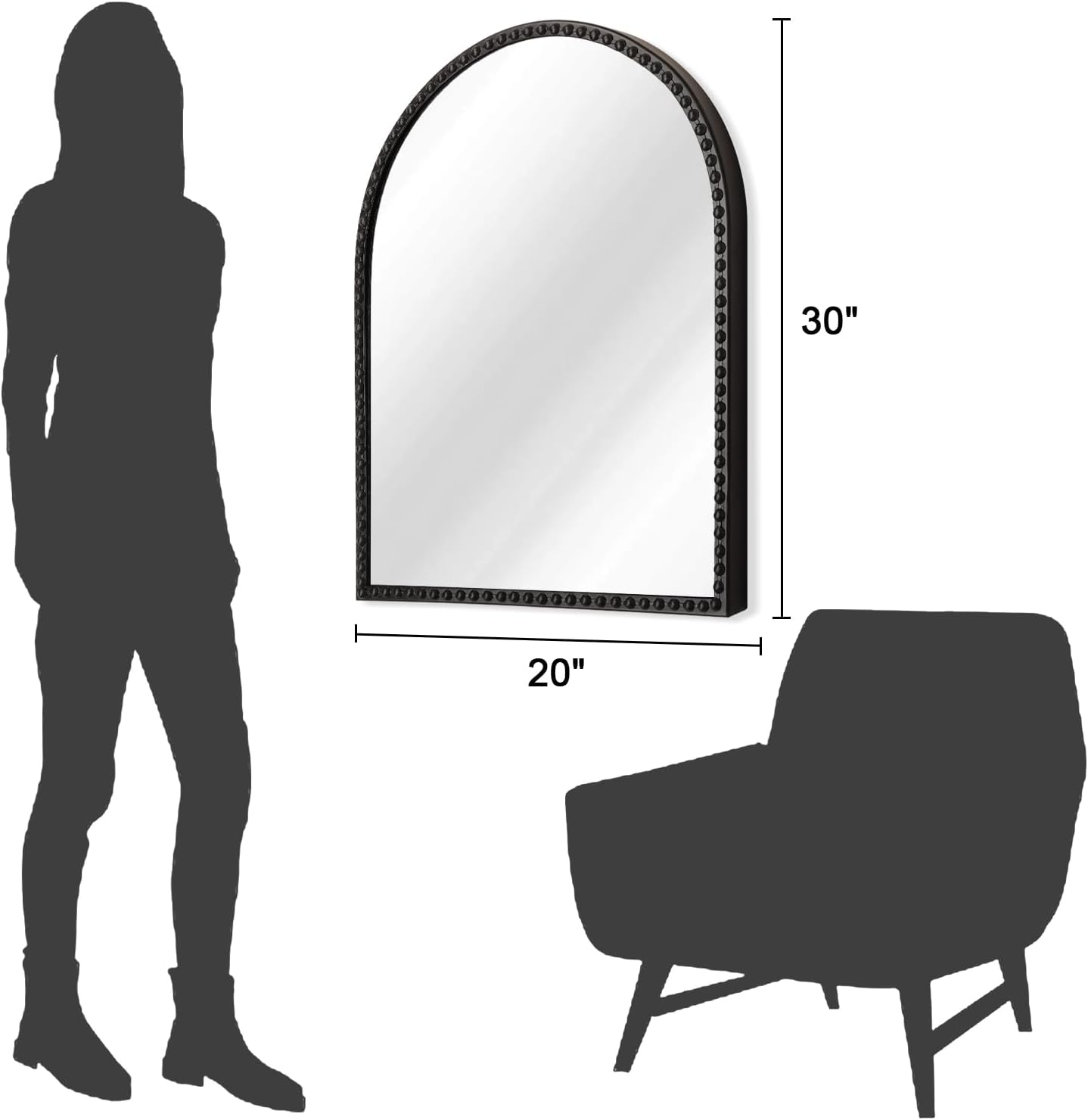 Arched Wall Mirror Metal Beaded Frame Bathroom Mirror for LivingRoom / 30"L x 20"W / Black / 30 x 20