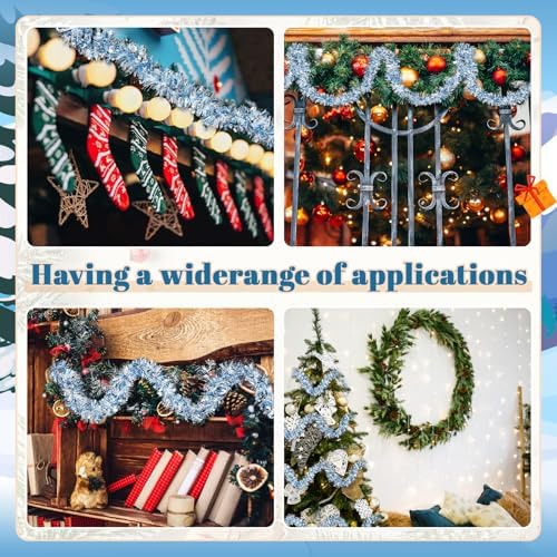 295 Feet Christmas Tinsel Garland Metallic Shiny Hanging Christmas Tree Tinsel Garland Ornaments for Indoor Outdoor Party Wedding Holiday(Blue, White, Silver)