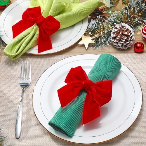 KPOSIYA Christmas Napkin Rings Set of 8, Red Bow Napkin Holder 4x4.4 in