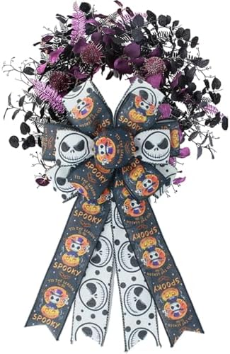 1 Pcs Large Halloween Wreaths Bow - Spooky Skeleton & Pumpkin Print Bow for Wreaths, Indoor Outdoor Decor, Halloween Party Supplies Gifts (Skeleton & Pumpkin Bow)