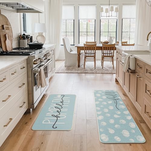 Artoid Mode Blue Hello Pumpkin Fall Kitchen Mats Set of 2, Autumn Home Decor Low-Profile Kitchen Rugs for Floor - 17x29