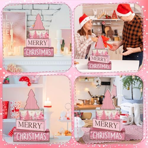 Lineshading 4 Pcs Wooden Merry Christmas Block Signs Pink Farmhouse Decor