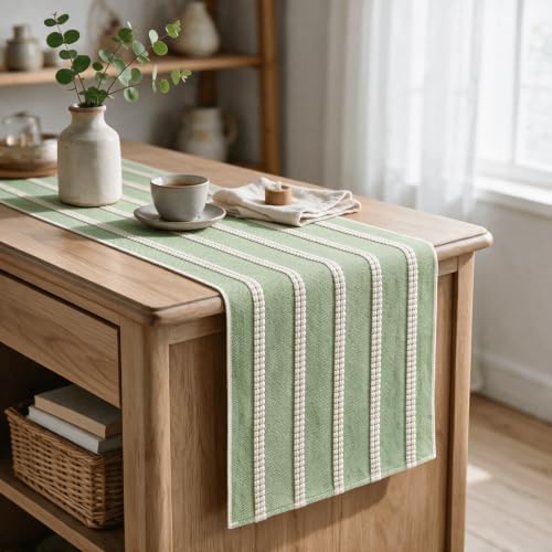 Artoid Mode Sage Green Farmhouse Dashed Stripe Table Runner, Seasonal Holiday Spring Boho Rustic Kitchen Dining Table Decoration for Home Party Decor 12x90 Inch