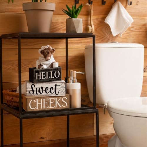 Moucuny 4 Pcs Highland Cow Bathroom Decor Wooden Signs, Farmhouse
