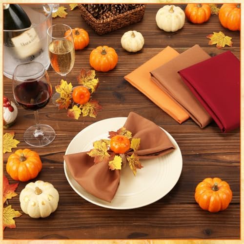 LemonRoad 36 Pcs Fall Cloth Napkins and Napkin Ring Holders, Autumn Reusable Fabric with Wooden Maple Leaf Pumpkin Napkin Rings for Thanksgiving Table Decor Fall Banquet Holiday Dinner Party Supply