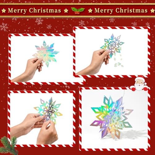 Crafare 18PCS Christmas Hanging Holographic Snowflake Ornamnets 3D Paper Snowflakes Garland Sparkly 3 Size for Winter Wonderland Holiday New Year Party Decoration