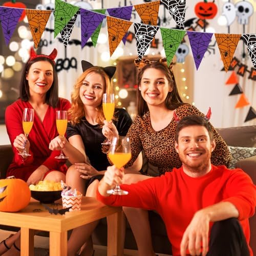 Jetec 5 Pcs 49 Ft Halloween SpiderWeb Pennant Banner Paper Spiderweb Banner