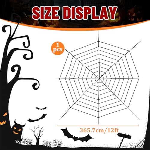 12 FT 9-Ring Spider Web Halloween Decorations, Giant Rope Fake Spider Web for Scary Haunted House, Outdoor Yard, Porch, Wall, and Spooky Trick-or-Treat Hanging Party Decor (Black)
