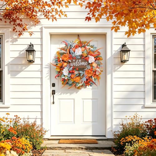 Fall Wreath for Front Door, 24 Inch Autumn Wreath with lamb's Ear Leaves, Roses, Berries & Wooden Sign,Fall Decorations for Home, Artificial Flowers Harvest and Thanksgiving Indoor & Outdoor