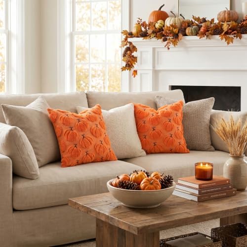 Artscope Pumpkin Fall Throw Pillow Covers 18x18 Set of 2, Autumn Soft Plush Faux Fur Decoration Cushion Covers for Thanksgiving Holiday Couch Sofa Bedroom Home Decor-Orange
