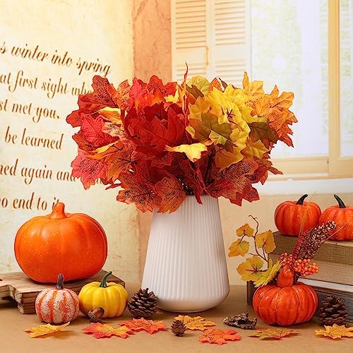 Tigeen 8Pcs Fall Leaves Faux Maple Leaves Stems Thanksgiving Decor, Vibrant