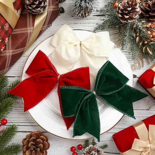 Janinka 12 Pcs 6 Inch Christmas Velvet Bows for Wreath Dark Green Red Beige