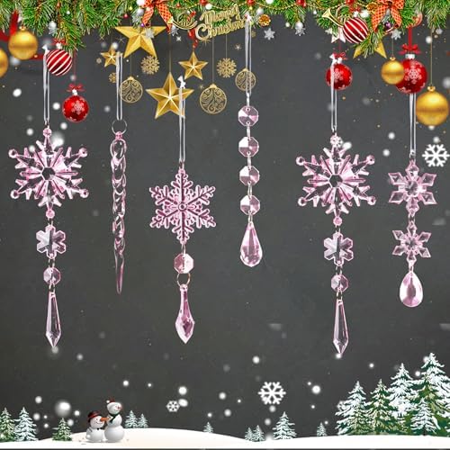 Crystal Christmas Tree Ornaments, Pink Acrylic Snowflake & Icicle, 18pcs
