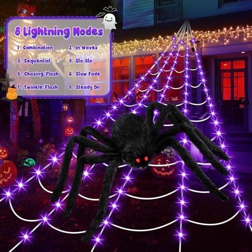 Halloween Decorations 16.4Ft Spider Web with LED Lights & 59" Giant Spider
