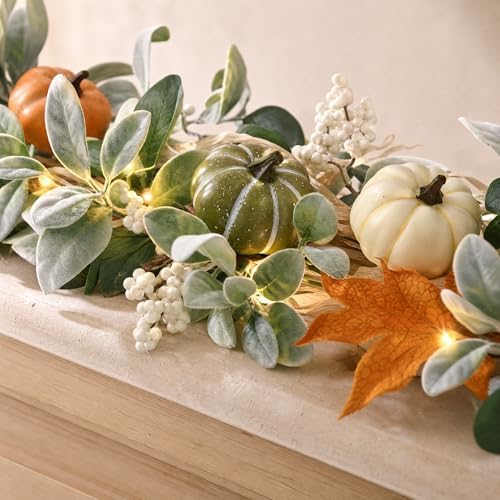 2 Pcs Fall Garland for Mantel, 6 FT Fall Garland with Lights