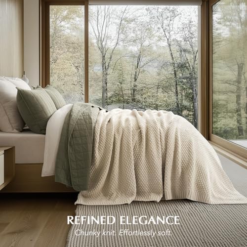 EVERGRACEHOME Chunky Chenille Knit Throw Blanket, 108x92, Beige