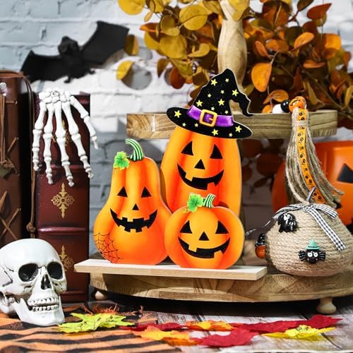 Halloween Decorations Indoor Wooden Pumpkin Halloween Decor Pumpkin Table Sign Centerpieces Standing Tabletop Decoration for Holiday Desk Tiered Tray Party Shelf Fall Autumn Decorations Farmhouse Home