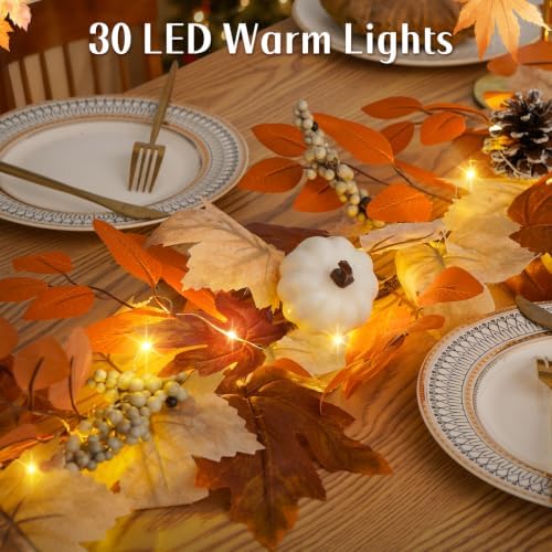 6 Ft Fall Garland with Lights & Timer, Thanksgiving Fireplace Mantel Decor