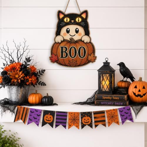 Halloween Door Sign Cute Ghost Wear a Black Cat Hat Pumpkin BOO Decor