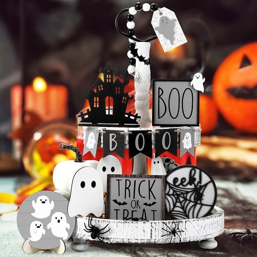 Umigy 15 Pcs Halloween Tiered Tray Decor Gray Ghost Wooden Signs Boo