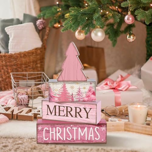 Lineshading 4 Pcs Wooden Merry Christmas Block Signs Pink Farmhouse Decor