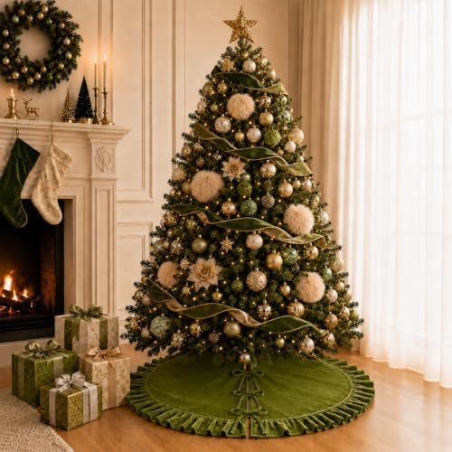 Velvet Christmas Tree Skirt Green 60 inch Ruffled Holiday Tree Skirt for Rustic Xmas Tree Decoration