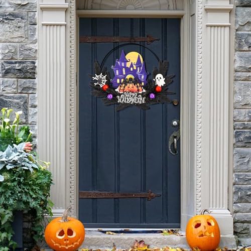 Pre-Lit Halloween Wreath for Front Door, Lighted Spider with 6H On/18H Off