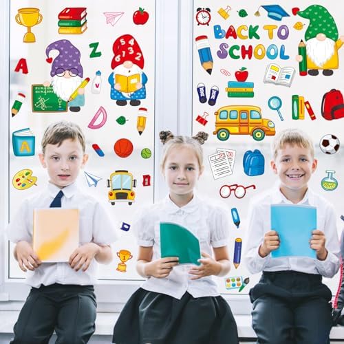 100 Pieces Double-Sided Back to School Gnome Theme Window Clings - Classroom Stickers and Decals for Glass Summer Decor