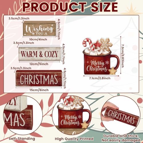 Moucuny 4 Pcs Christmas Coffee Table Decor for Home Kitchen, Wooden Cocoa