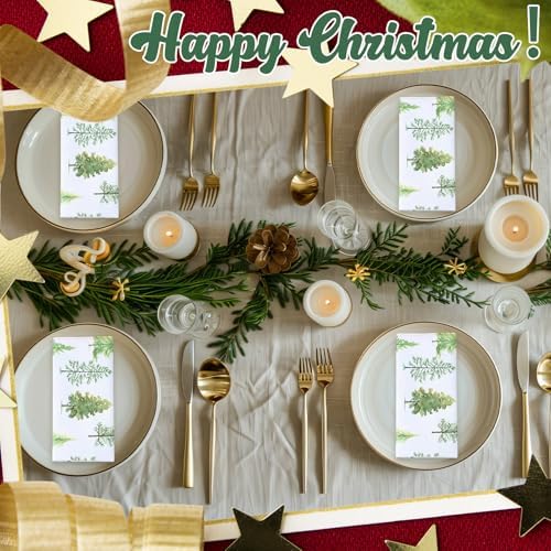 Maxdot 12 Pcs Christmas Cloth Napkins 19 x 19 Inch Happy Xmas Party Decoration Dinner Washable Fabric Napkins Gifts(Christmas Trees)