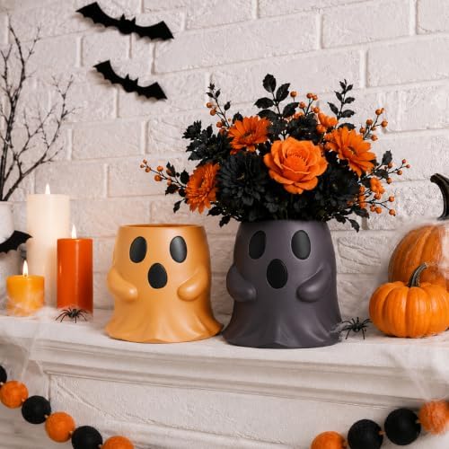 2 Pcs Halloween Terracota and Black Ghost Bucket Decor, 6 Inch