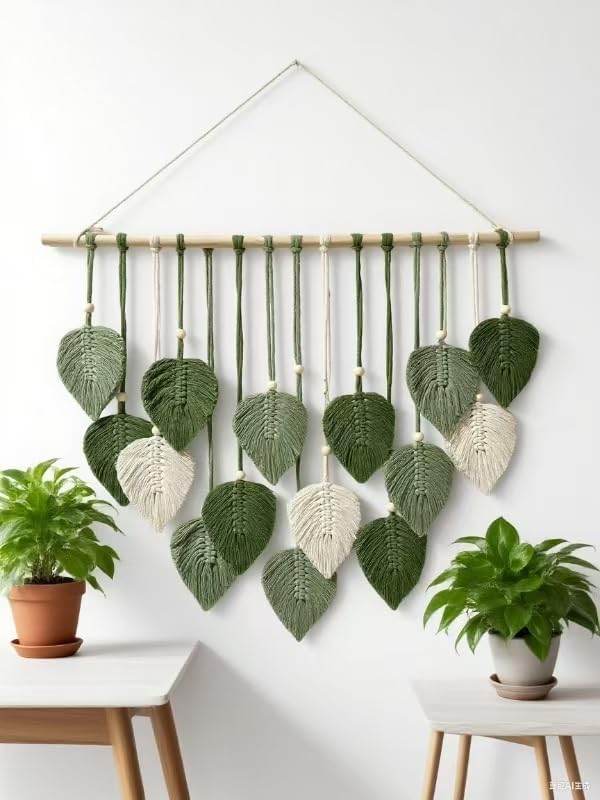 Wall Hanging Decor Leaves Tapestry Boho Wall Decor Woven Feather Handmade Yarn / Lightgreen-m