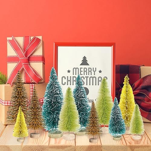 8pcs Mini Christmas Tree, Artificial Bottle Brush Trees with Wood Base, Tabletop Miniature XmasTrees with 4 Small Christmas Wreath, Fake Xmas Tree Ornament, White Christmas Tree for Christmas Décor